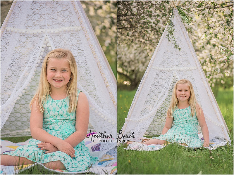 Sun Prairie child photographer, Madison child photographer, spring blossoms, teepee, swing