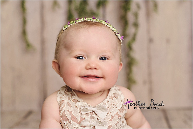 Sun Prairie baby photographer, Sun Prairie portrait photographer, Sun Prairie child photographer, Madison baby photographer, Madison portrait photographer, 6 month old, baby girl, halo headband, flowers, wood, cute baby, cute baby pics, studio photography, child photography, baby photography, Sun Prairie studio