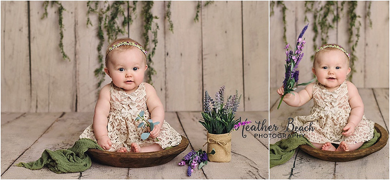 Sun Prairie baby photographer, Sun Prairie portrait photographer, Sun Prairie child photographer, Madison baby photographer, Madison portrait photographer, 6 month old, baby girl, halo headband, flowers, wood, cute baby, cute baby pics, studio photography, child photography, baby photography, Sun Prairie studio